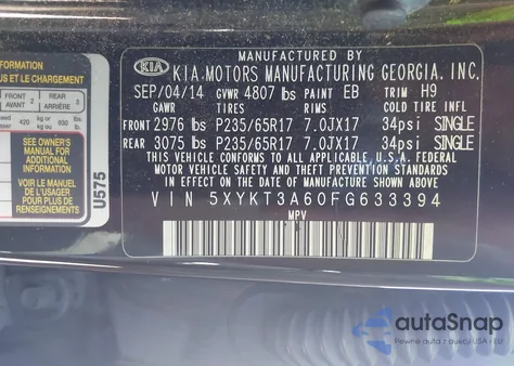 2015 Kia Sorento Lx z USA, uszkodzony, nr VIN 5XYKT3A60FG633394